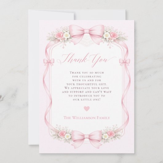 Elegant Pink Coquette Bow Floral Baby Shower サンキューカード (正面)