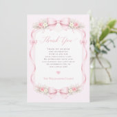 Elegant Pink Coquette Bow Floral Baby Shower サンキューカード (スタンド正面)