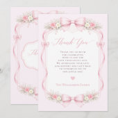 Elegant Pink Coquette Bow Floral Baby Shower サンキューカード (正面/裏面)