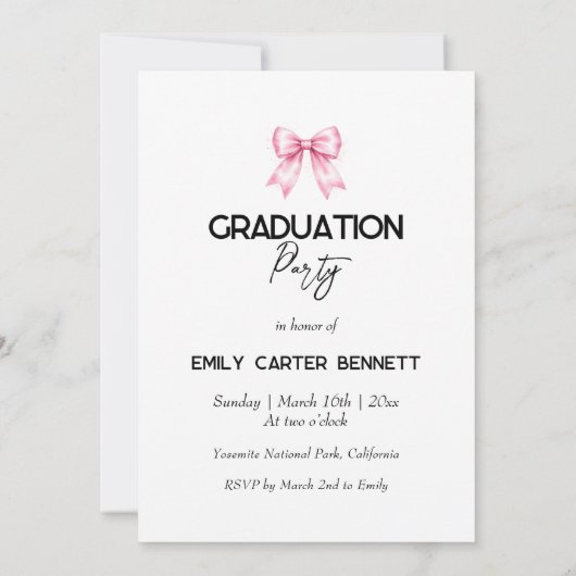 Elegant Pink Coquette Bow Graduation Hat 招待状 (裏面)