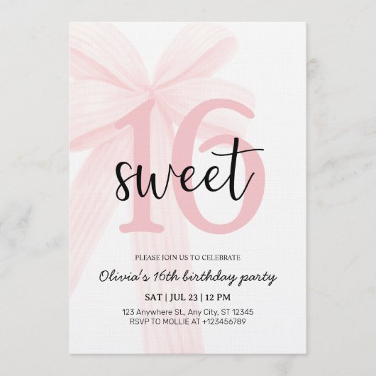 Elegant Pink Coquette Bow Sweet 16 Birthday 招待状 (正面)