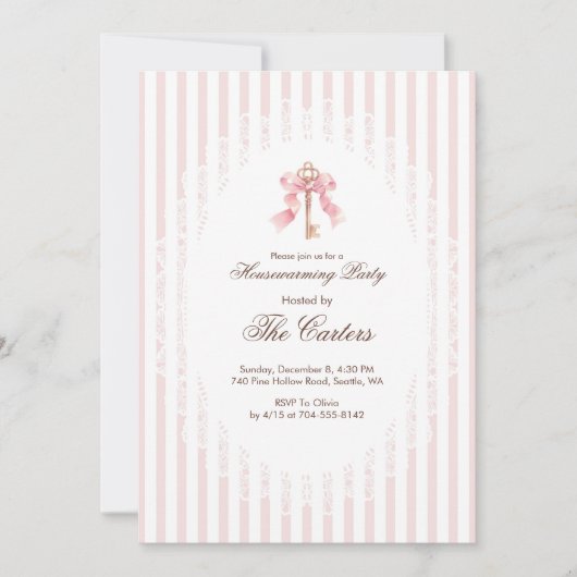 Elegant Pink Coquette Gold Key Housewarming 招待状 (正面)
