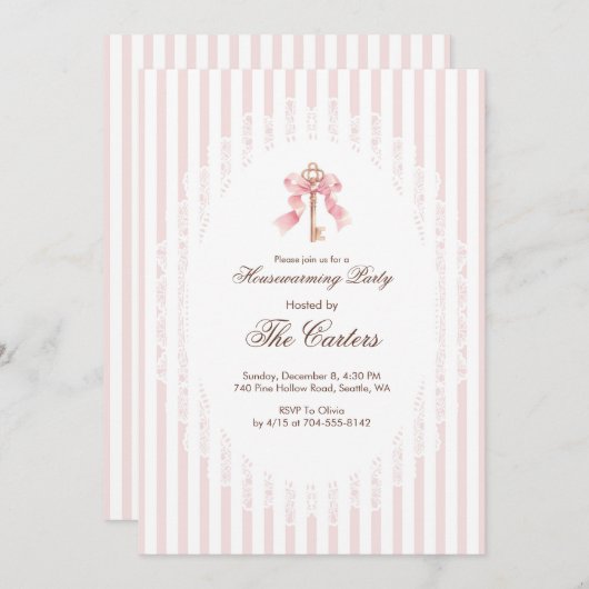 Elegant Pink Coquette Gold Key Housewarming 招待状 (正面/裏面)