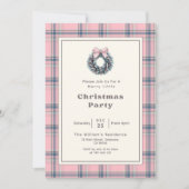 Elegant Pink Coquette Wreath Plaid Christmas Party 招待状 (正面)