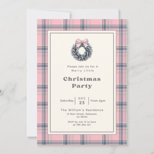 Elegant Pink Coquette Wreath Plaid Christmas Party 招待状 (正面)