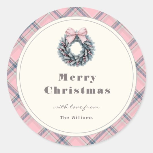 Elegant Pink Coquette Xmas Wreath Preppy Plaid ラウンドシール (正面)