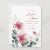 Elegant Pink Cosmos Eucalyptus Watercolor 招待状 (正面)