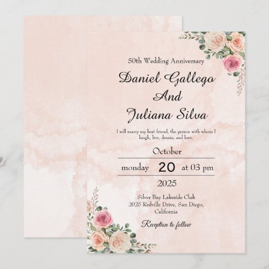 Elegant Pink Cream Floral Wedding Anniversary 招待状 (正面/裏面)