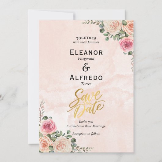 Elegant Pink Cream Floral Wedding Save the Date  招待状 (裏面)