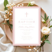 Elegant Pink Cross Baby Girl Baptism 招待状