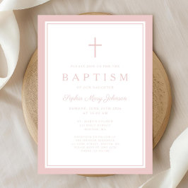 Elegant Pink Cross Baby Girl Baptism 招待状