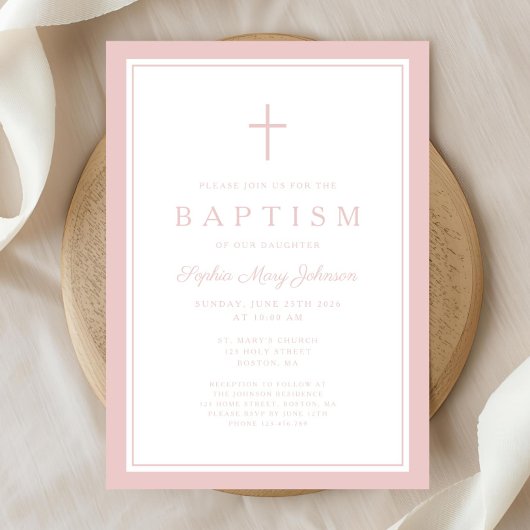Elegant Pink Cross Baby Girl Baptism 招待状