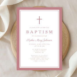 Elegant Pink Cross Baby Girl Baptism 招待状