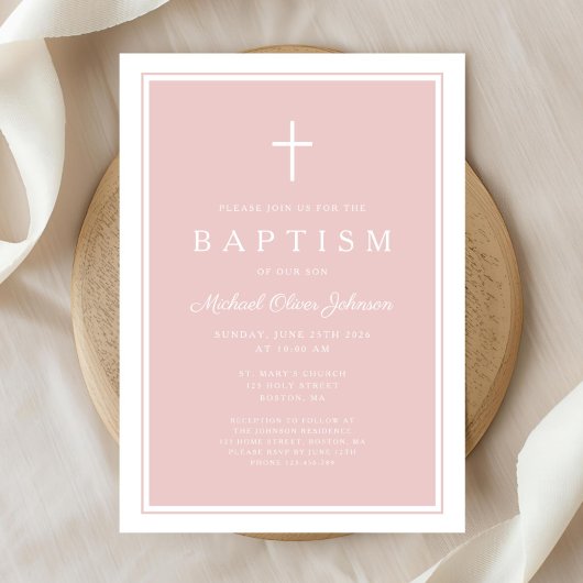 Elegant Pink Cross Girl Baptism 招待状