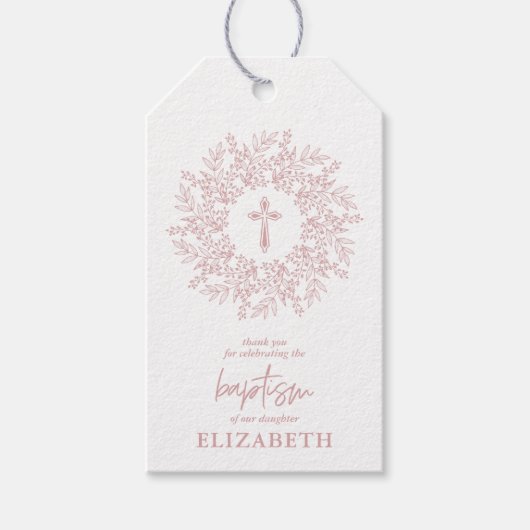Elegant Pink Cross Girl Baptism Favor ギフトタグ (正面)