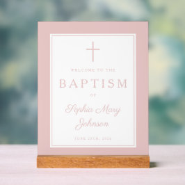 Elegant Pink Cross Girl Baptism Welcome アクリルサイン