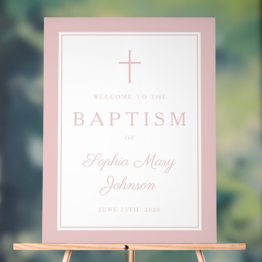 Elegant Pink Cross Girl Baptism Welcome アクリルサイン (ニュートラル)