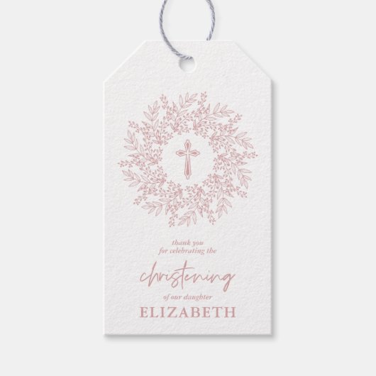 Elegant Pink Cross Girl Christening Favor ギフトタグ (正面)