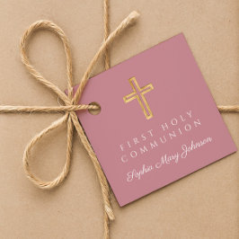 Elegant Pink Cross Girl First Communion フェイバータグ
