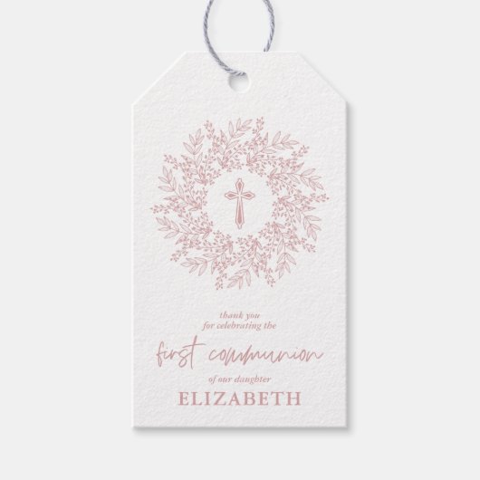 Elegant Pink Cross Girl First Communion Favor ギフトタグ (正面)