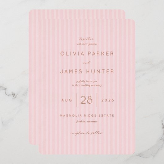 Elegant Pink Diagonal Stripes 箔招待状 (正面/裏面)