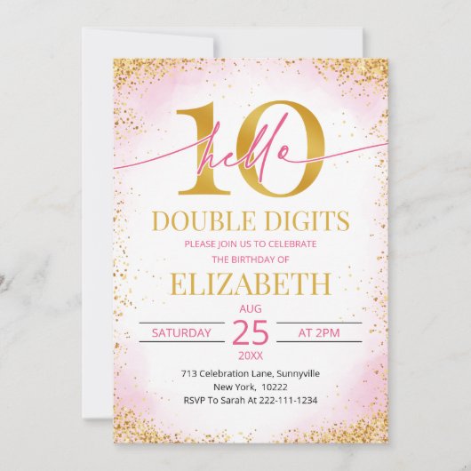 Elegant Pink Double Digits Girl 10th Birthday  招待状 (正面)