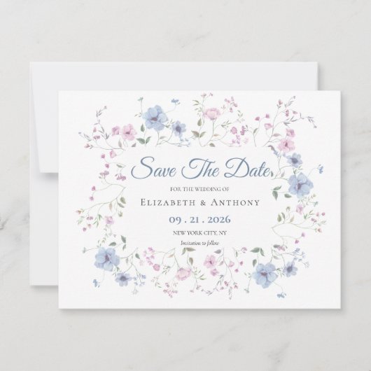 Elegant Pink & Dusty Blue Floral Wedding  Save The セーブザデート (正面)