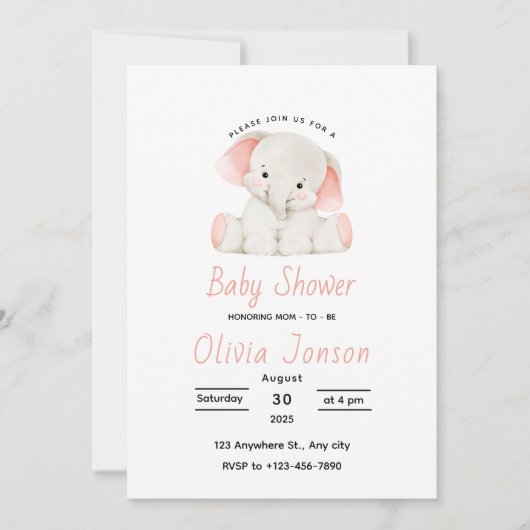 Elegant Pink Elephant Baby Shower Invitation 招待状 (正面)