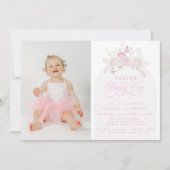 Elegant Pink Fancy One | 写真付き1歳の誕生日パーティー 招待状 (正面)