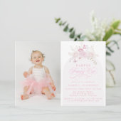 Elegant Pink Fancy One | 写真付き1歳の誕生日パーティー 招待状 (スタンド正面)