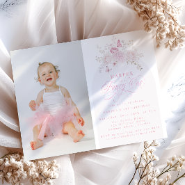 Elegant Pink Fancy One | 写真付き1歳の誕生日パーティー 招待状