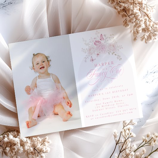 Elegant Pink Fancy One | 写真付き1歳の誕生日パーティー 招待状