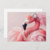 Elegant Pink Flamingo with Pearls and Feathers ポストカード (正面/裏面)