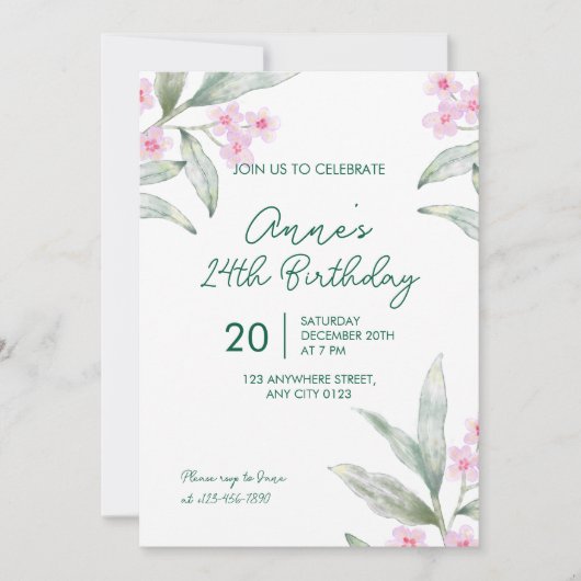 Elegant Pink Floral 24th Birthday Invitation 招待状 (正面)