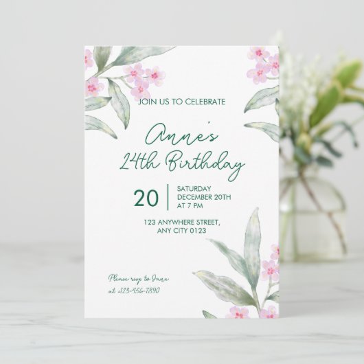 Elegant Pink Floral 24th Birthday Invitation 招待状 (スタンド正面)