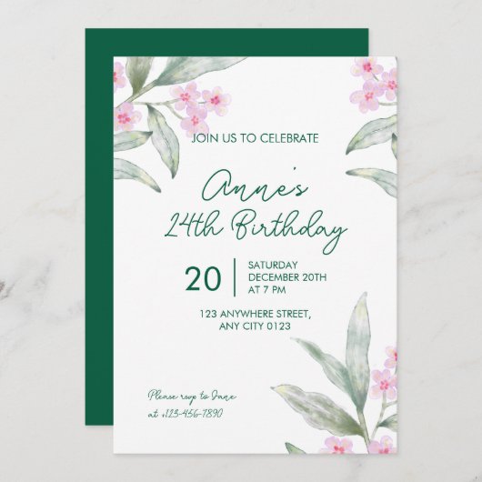Elegant Pink Floral 24th Birthday Invitation 招待状 (正面/裏面)
