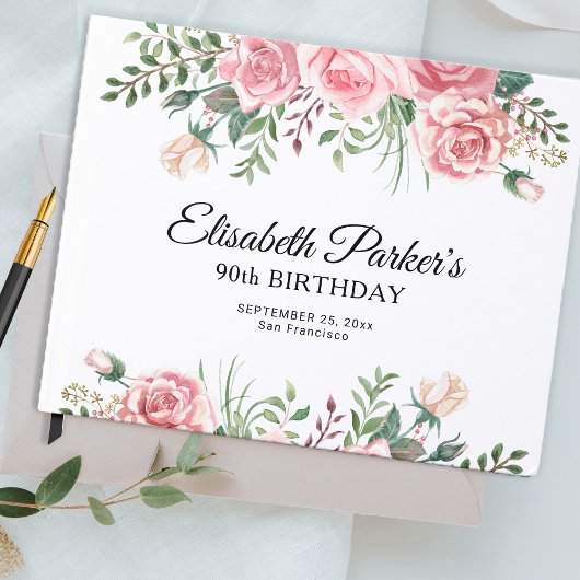 Elegant pink floral 90th birthday party  ゲストブック