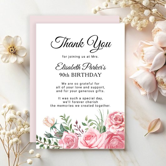 Elegant pink floral 90th birthday party  サンキューカード