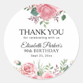 Elegant pink floral 90th birthday thank you ラウンドシール (正面)