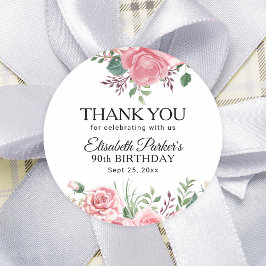 Elegant pink floral 90th birthday thank you ラウンドシール