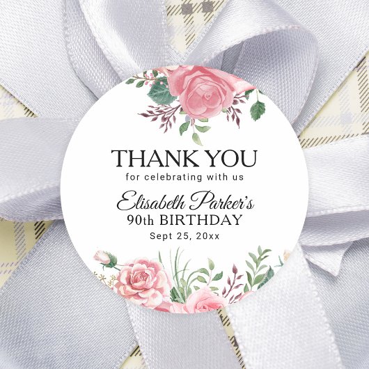 Elegant pink floral 90th birthday thank you ラウンドシール