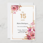 Elegant Pink Floral and Gold Sweet 15 Invitation 招待状 (正面)