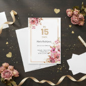 Elegant Pink Floral and Gold Sweet 15 Invitation 招待状