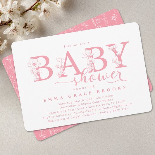 Elegant Pink Floral Baby Shower Typography 招待状