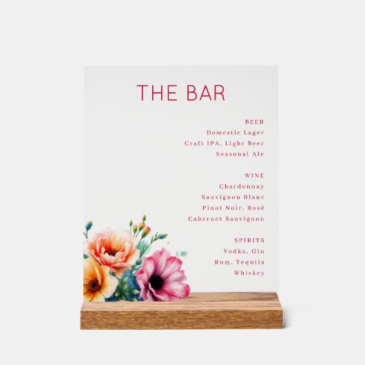 Elegant Pink Floral Bar Menu アクリルサイン (正面)