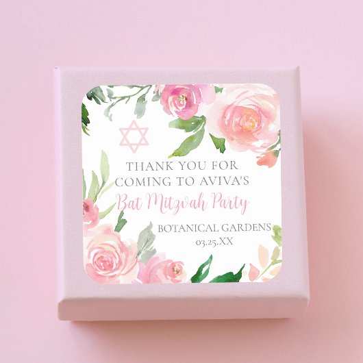Elegant Pink Floral Bat Mitzvah Party Custom スクエアシール