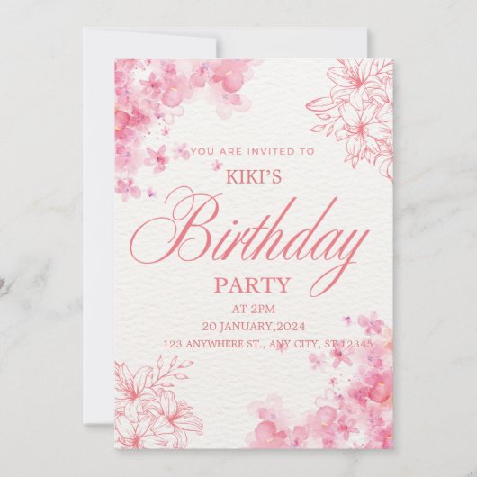 Elegant Pink Floral Birthday Invitation サンキューカード (正面)