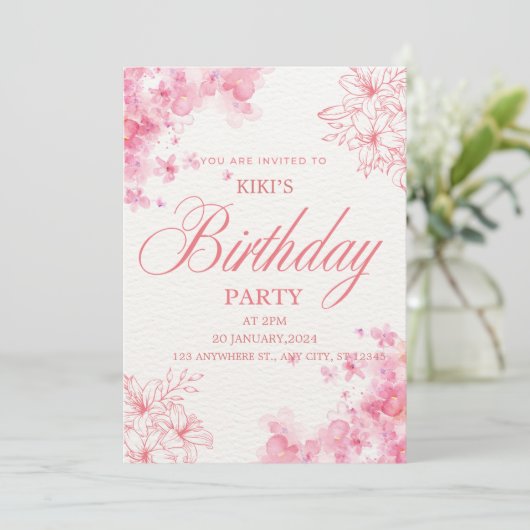 Elegant Pink Floral Birthday Invitation 招待状 (スタンド正面)