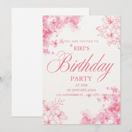 Elegant Pink Floral Birthday Invitation 招待状 (正面/裏面)