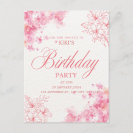 Elegant Pink Floral Birthday Invitation 案内ポストカード